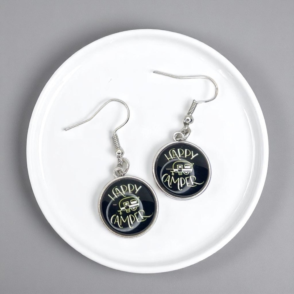 Embrace the Journey with "Happy Camper" Cabochon Dangle Earrings - Camping